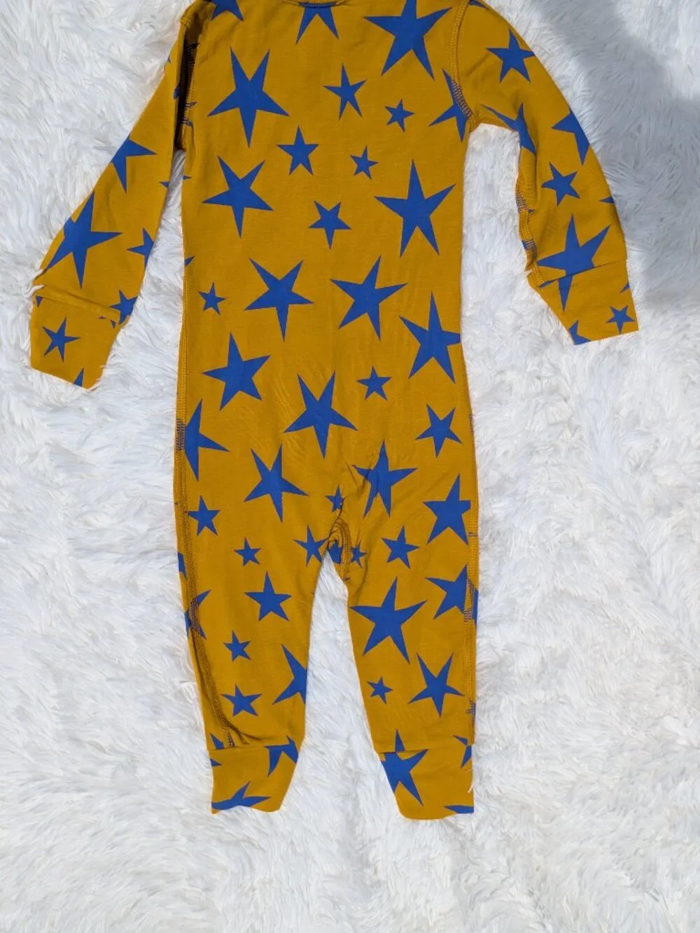HA Bamboo Sleepers 2-Way Zipper Convertible Mittens & Footies Mustard Blue Stars